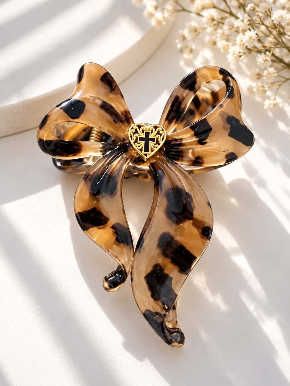 Tortoiseshell Bow Claw Clip Gold Cross Heart Large Statement Hair Accessory